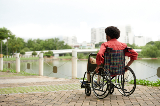 man in wheelchair facing lake and city