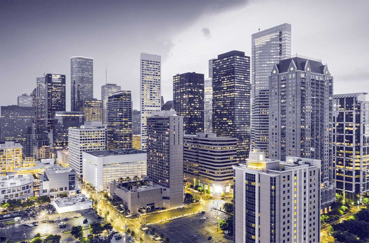 Houston Skyscrapers at Night Time with Lit Streets