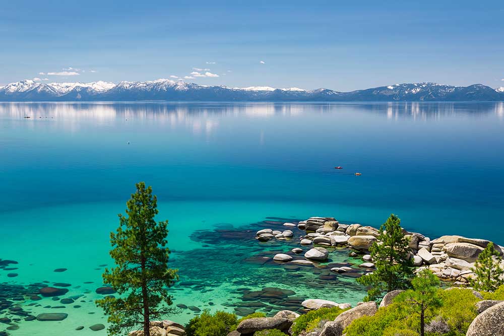 Lake Tahoe Blue Waters with Snow-topped Mountains On Horizon