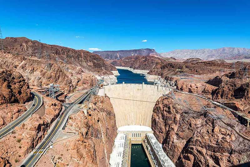 Hoover Dam Arial View of Water Resevoir and Brown Rocky Mountains