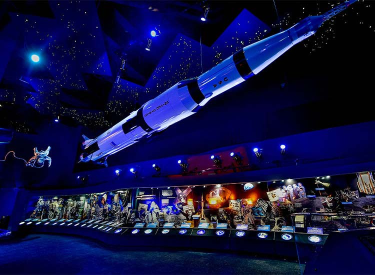 Space Center Museum in Houston Displaying Rocket Hanging From Ceiling