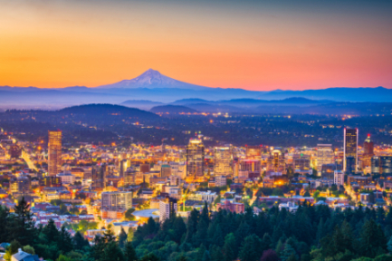 Portland, Oregon skyline at sunset with a view of Mt. Hood