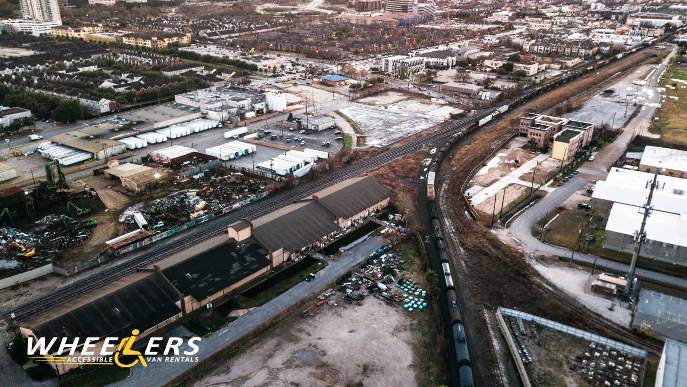 Aerial view of Houston cityscape and rail district for accessible travel destination