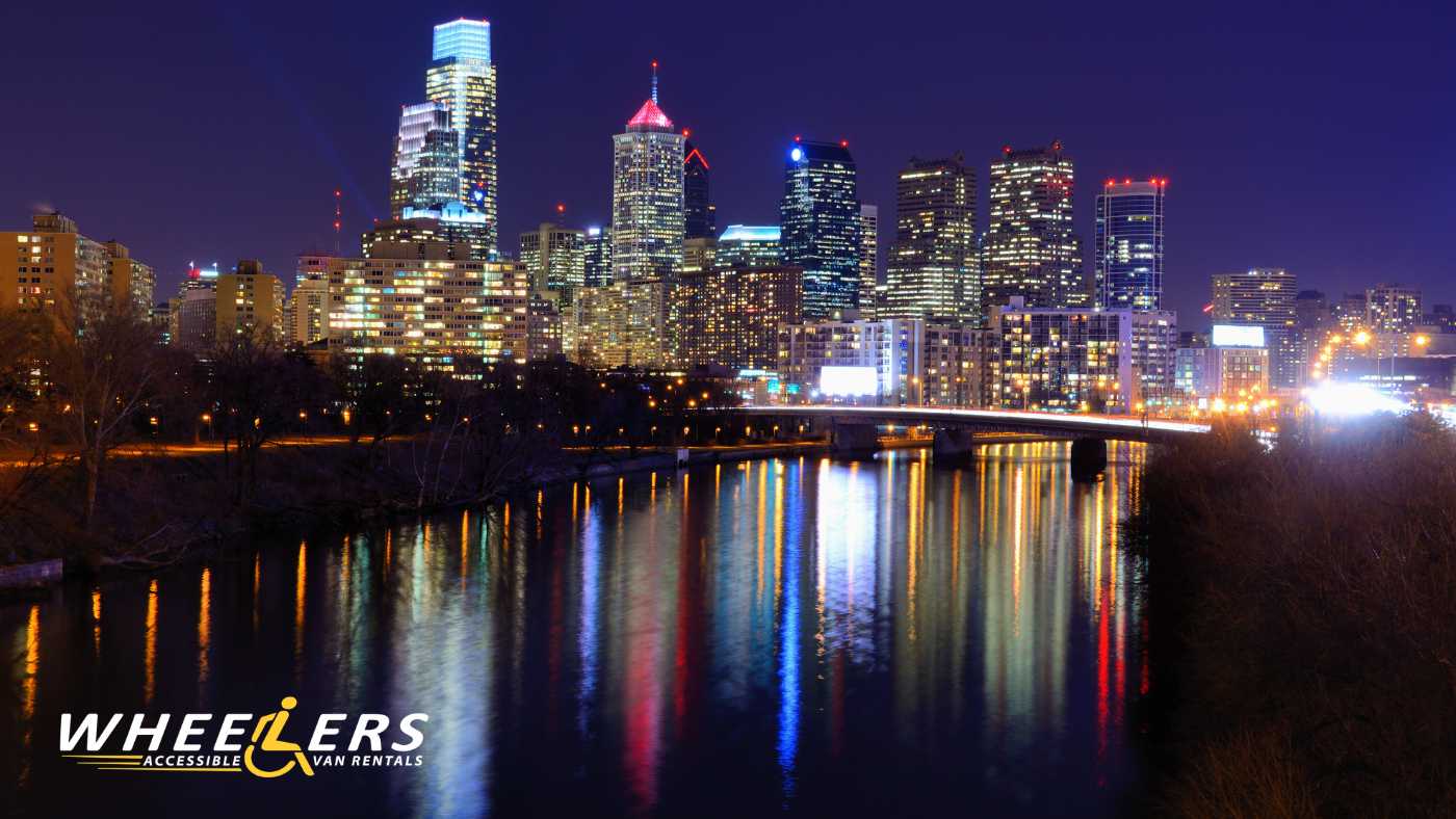 Philadelphia skyline at night reflecting on the river