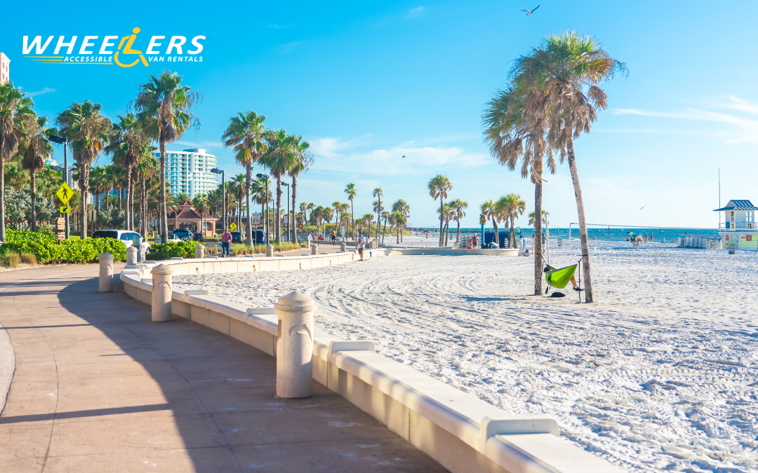 Paved accessible walkway lined with palm trees leading to Clearwater Beach’s white sands and turquoise waters in Tampa, Florida.