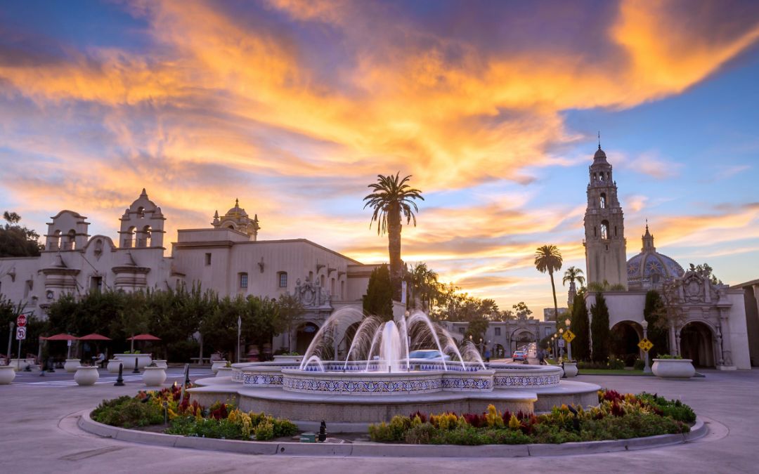 Fountain at Balboa Park with Sun Setting in Background