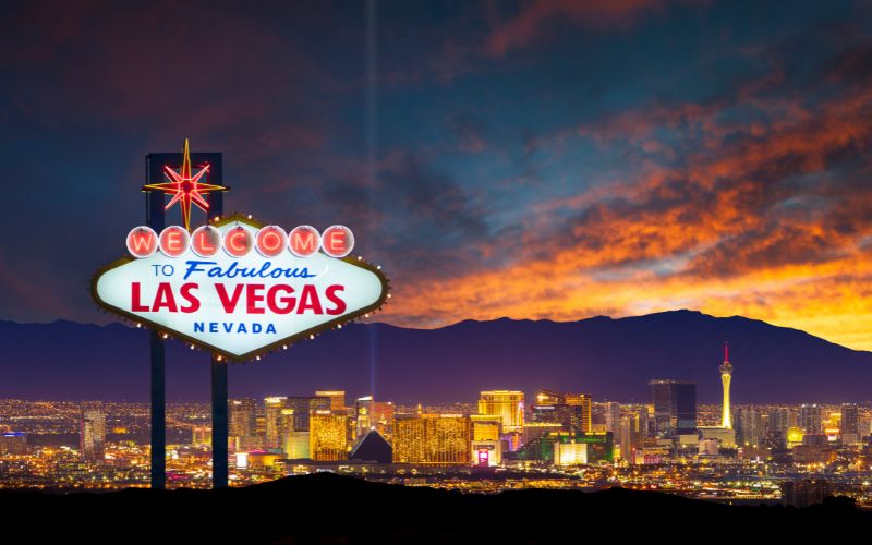 Las Vegas Skyline & Famous Sign at Dusk