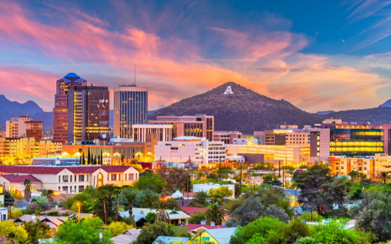 Downtown Tucson Photo with Image of 'A' on Mountain in Background